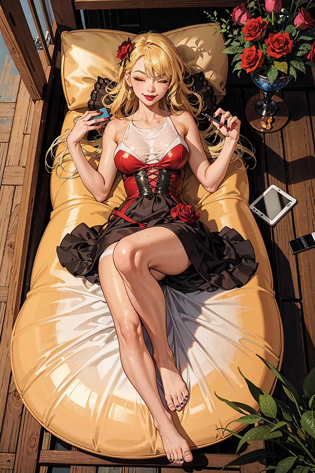 butterfly, bug, 1girl, solo, blonde hair, flower, nail polish, lipstick, one eye closed, tan, makeup, long hair, phone, smile, lying, barefoot, rose, on back, yellow eyes, dress, cellphone, orange eyes, tanlines, looking at viewer, holding