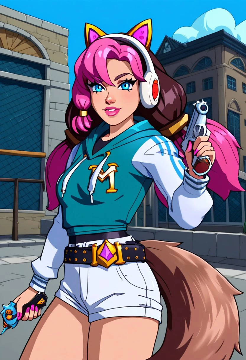 score_9, score_8_up, score_7_up, score_6_up, derpibooru_p_95, 
source_anime, very aesthetic, anime screencap, anime coloring, 
street style maeve, street style maeve \(Paladins\), 1girl, solo, long hair, breasts, looking at viewer, smile, blue eyes, long sleeves, holding, animal ears, twintails, medium breasts, tail, weapon, pink hair, cowboy shot, outdoors, sky, shorts, day, belt, hood, nail polish, holding weapon, lips, gun, short shorts, hoodie, fake animal ears, headphones, low twintails, hood down, ground vehicle, holding gun, motor vehicle, buckle, pink nails, handgun, black belt, white shorts, belt buckle, pink lips, car, pointing at viewer, police, animal ear headphones, aiming at viewer