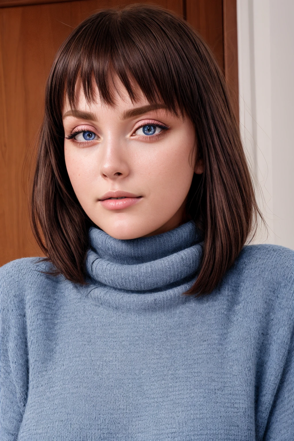 mndngwmn, (blue eyes:0.4),turtleneck sweater, , (ultra realistic, 8k,high quality), natural lighting, (wearing makeup:1.1),