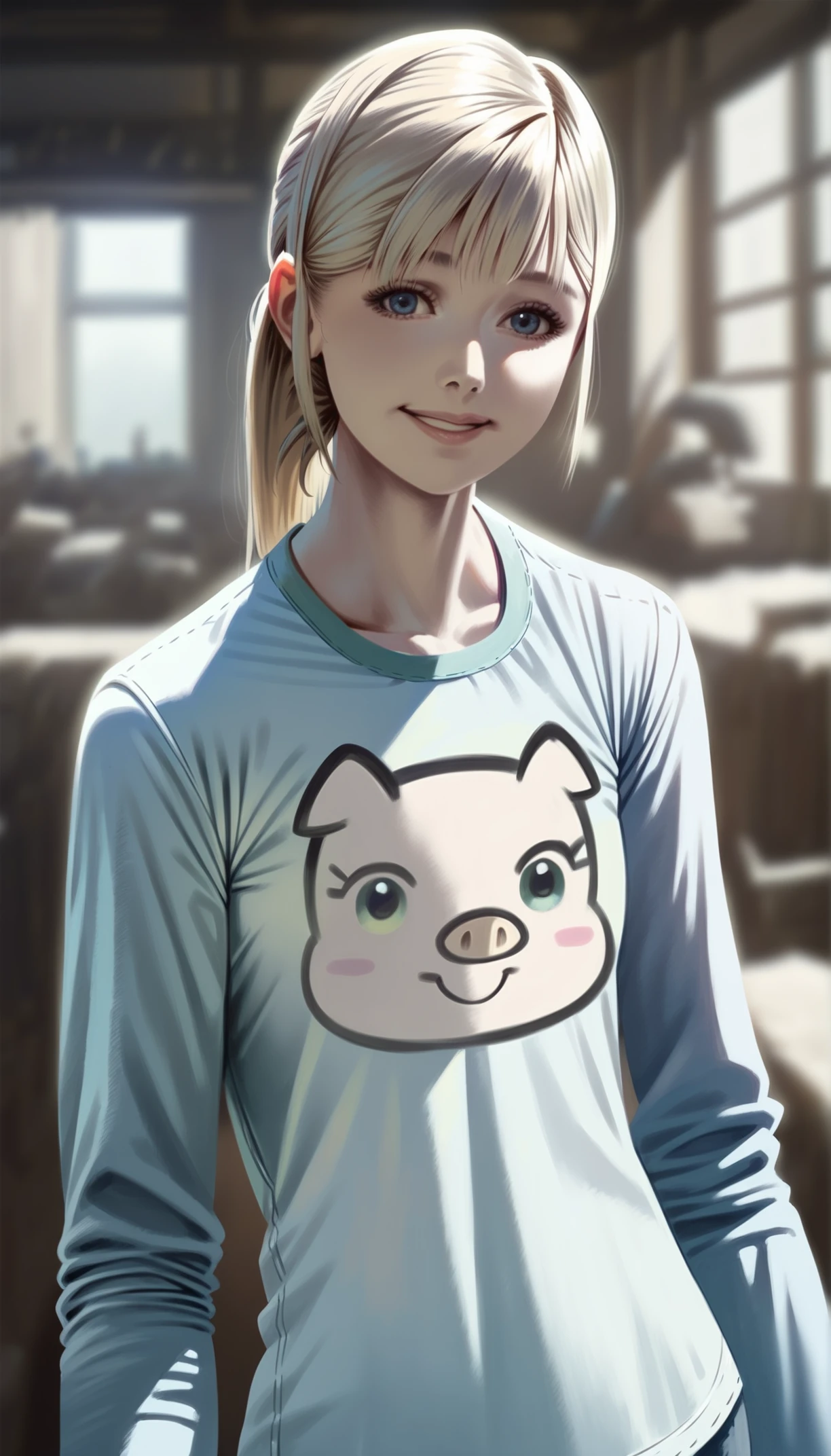 score_9,score_8_up,score_7_up,
realistic,
<lora:leanne:1>,leanne,
1girl,solo,blonde hair,long hair,bangs,low ponytail,
blue eyes,looking at viewer,smile,
white long sleeve shirt with anime piggy pattern on it,
upper body,
indoors,blurry background,steampunk theme,living room,