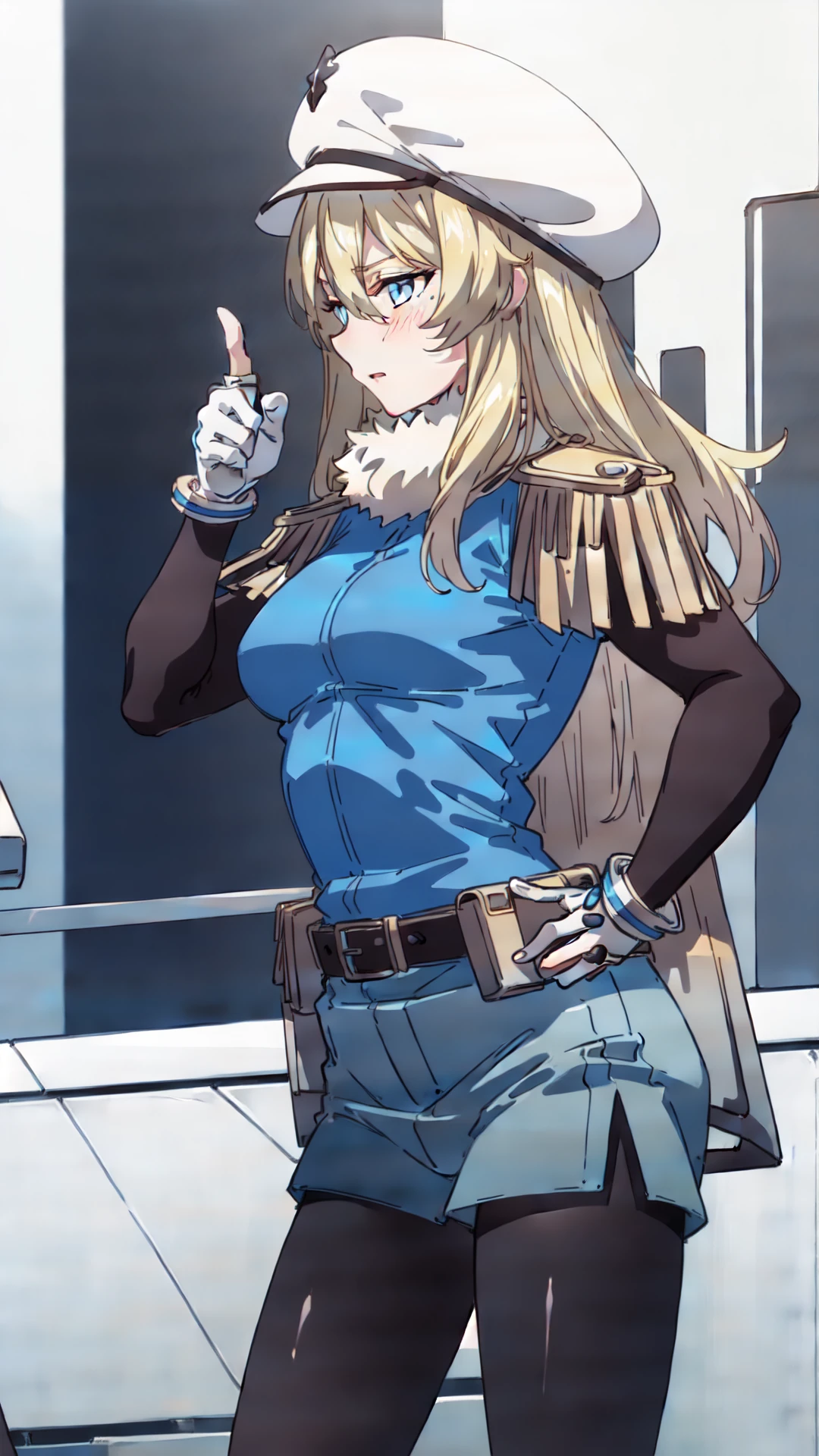 (((cowboy shot))), (((dynamic angle))), webtoon, anime, centered, solo, 1girl, 1woman, (((front view))), ppsh, (((silence finger sign))), blush, long hair, blonde hair, blue eyes, white hat, white fur trim, yellow epaulettes, blue top, ((black sleeves)), white gloves, bracelets, belt, poaches, ((black pantyhose)), (((outdoors, modern city background))), 8k, 16k, trending on pixiv, fanbox, skeb, masterpiece, detailed face, digital painting, (best quality, ultra detailed), (detailed background:1.2), (perfect face, detailed face), (mature female:1.4), <lora:sd_v15_dpo_lora_v1:0.8>,  <lora:ppsh:0.7>