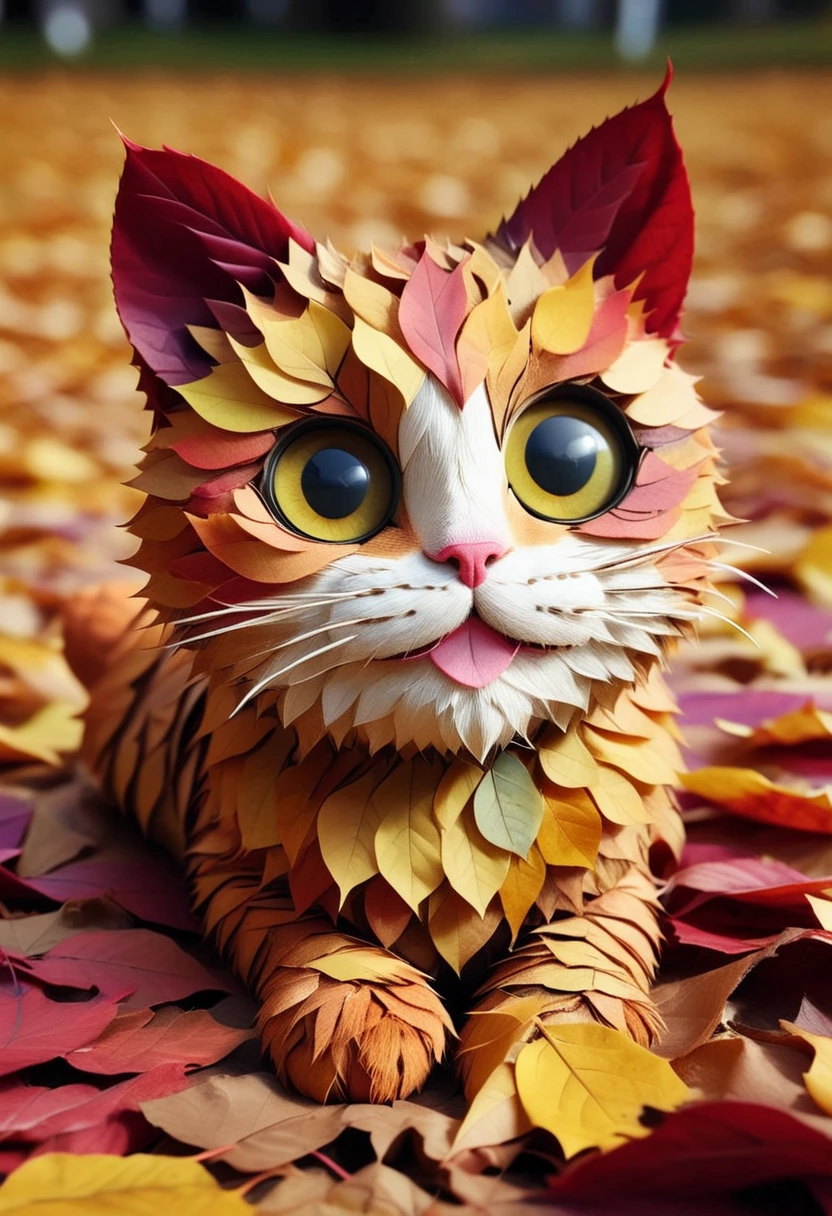 4UTUMNL34V3S, a cut cat is made of autumn leaves, detailed face, (big eyes:0.9), detailed eyes, (smile:1.1), long eye lashes ,Masterpiece,best quality, raw photo, realistic, very aesthetic