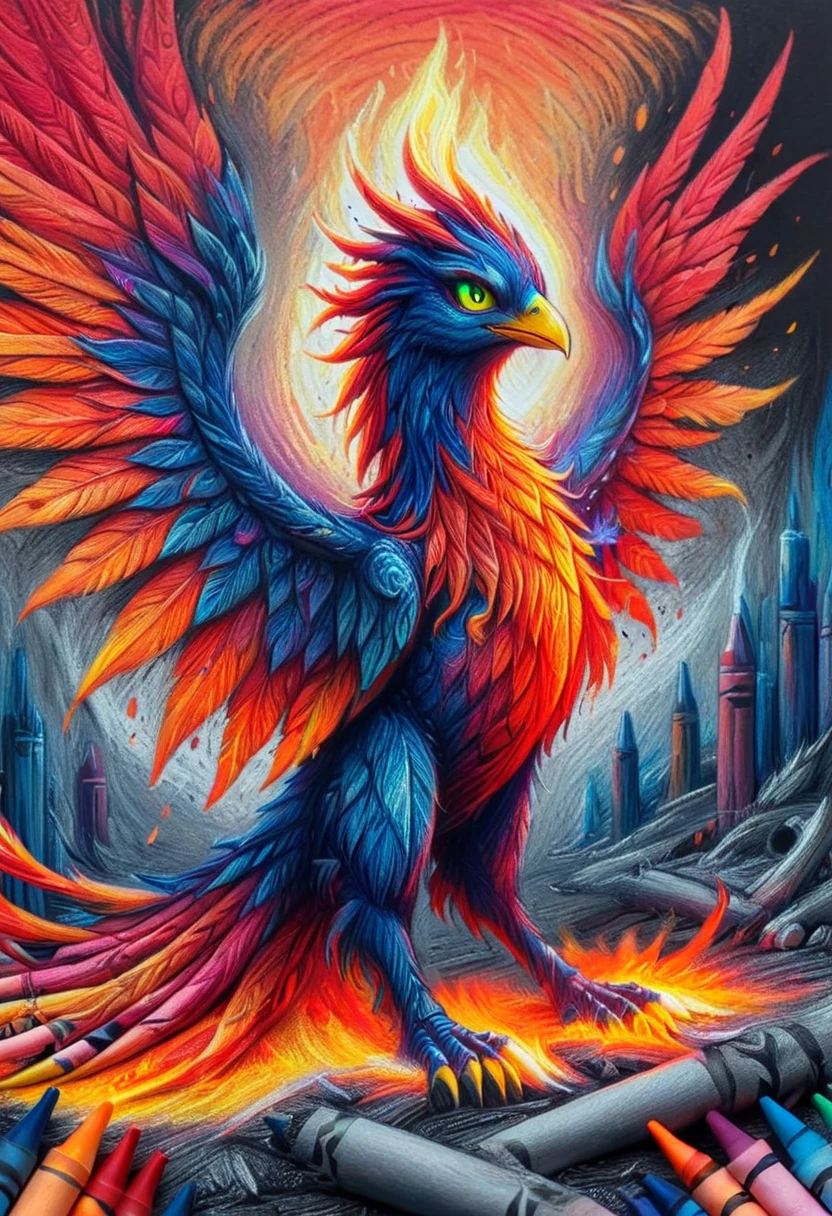 cr4y0n, phoenix rising from ashes, flames, red and orange shades, crayon drawing, mythical, fantasy <lora:Colorful_Crayons:1>