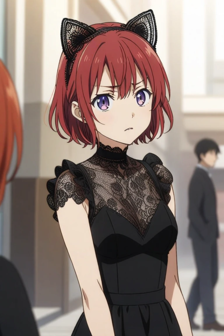 black lace ears,cat ears <lora:lacecatears:0.8> red hair,front view,anime,short hair