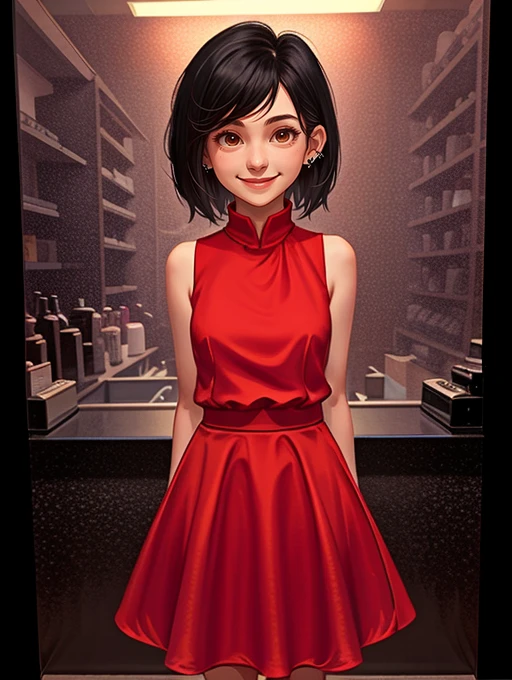 <lora:Western Bay:1>, 1girl, formal, long red dress, sleeveless, earrings, smile, short hair, black hair, standing, <lora:lcm_sd15_mini_6mb:1.0>