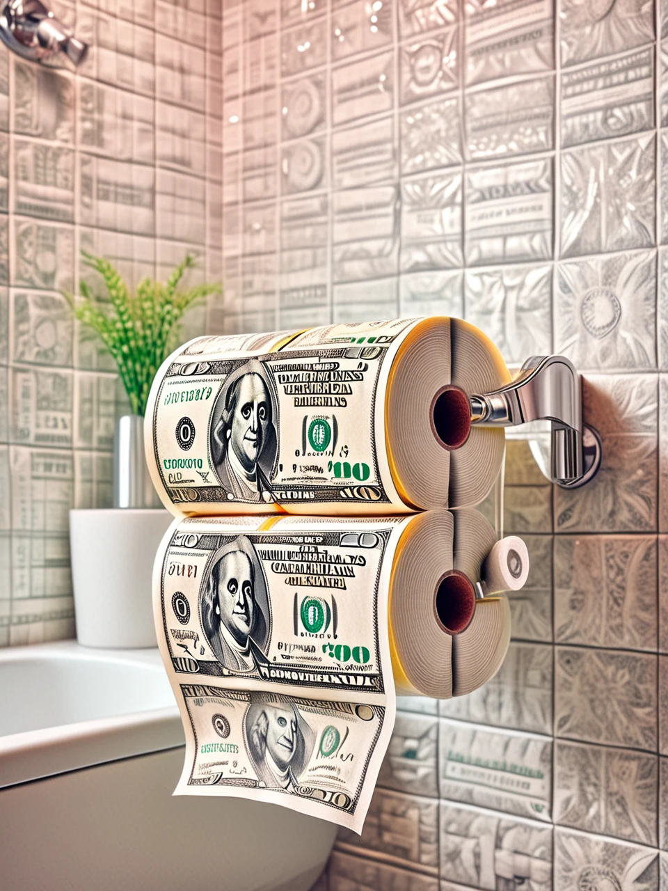 dollarnotes toilet paper in handing in modern bathroom, 35mm photography, 8k RAW photo, neoclassicism, pastel colors, energy-filled illustration