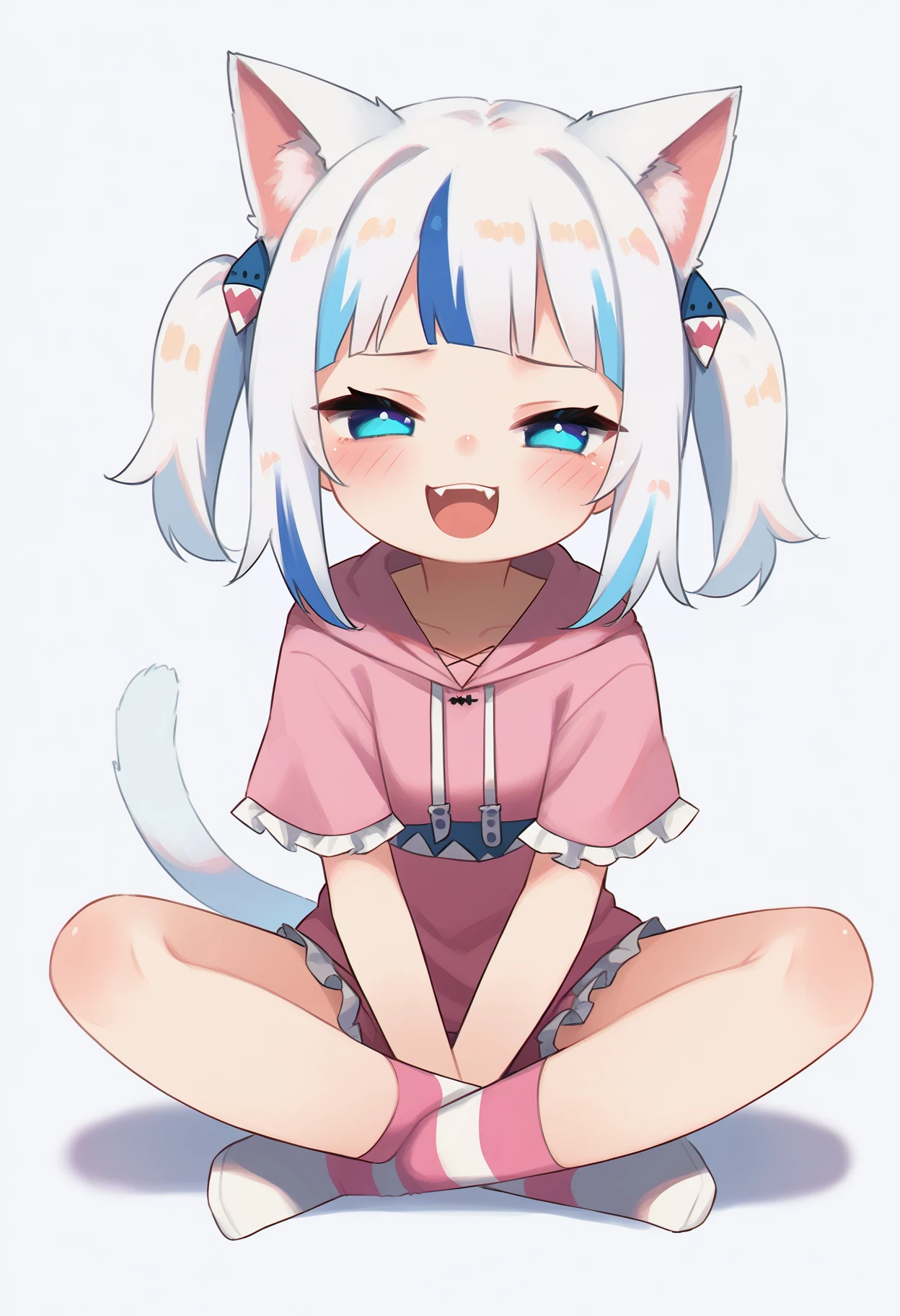   cute anime girl with small head and body ,  perfect anatomy、cute fox ear smile 、 squat、Sit cutely、 Dreamy and cute  、Sickly cute、     simple oversized pullover    、    knee-high socks   、simple cute background 、Poster Style、flat-colors、    meticulously calculated     、Placed motifs、HIGH QUALITY DESIGN   、    kitschy aesthetics   