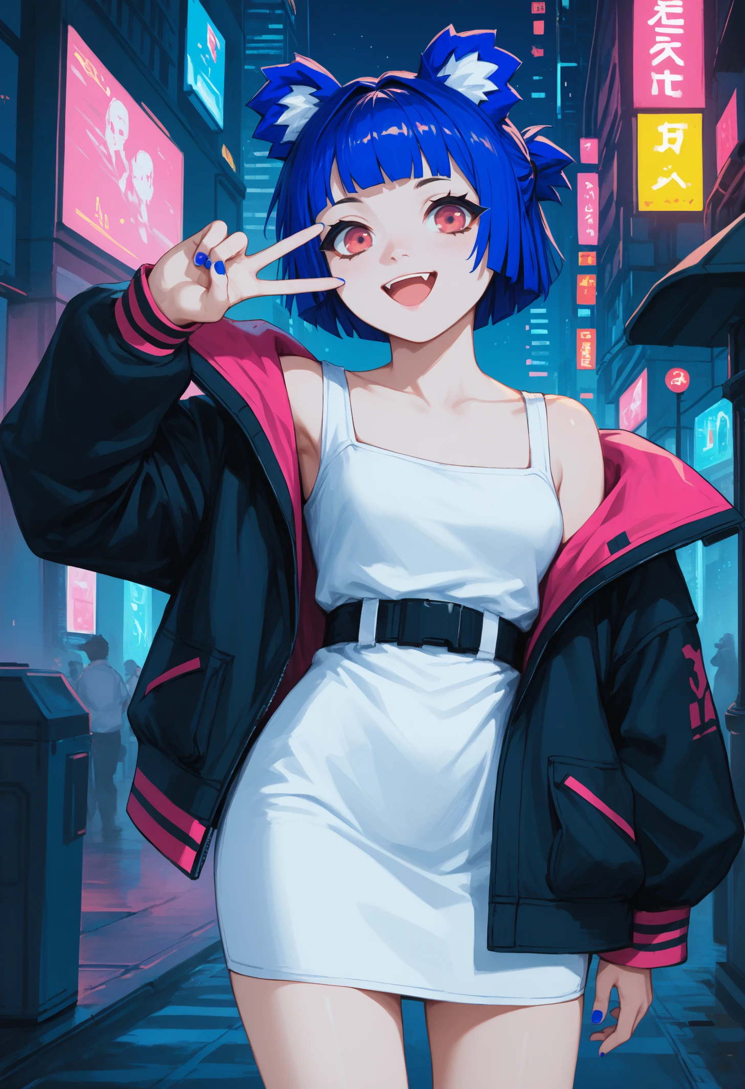 score_9, score_8_up, score_7_up, 1girl, GrisVert, animal ears, bear tail, magenta eyes, blue hair, short hair, breasts, toned, fang, blue nails,
black jacket, pink two-sided jacket, open jacket, off shoulder, white dress, belt,
looking at viewer, open mouth, smile, happy, v sign, hand to face, hand over eye,
outdoors, cyberpunk city, dark, night, futuristic, science fiction, sci-fi,
<lora:Gris-VertigrisPDXL_V1-Manityro-CAME:1.0>,