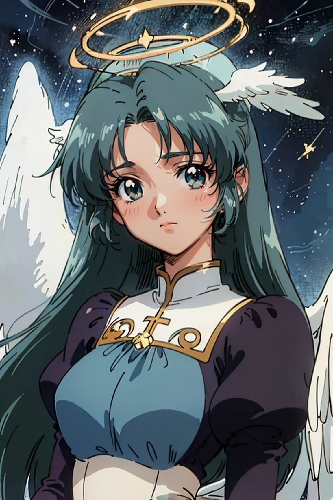 retro artstyle,2000s (style),2000s \(style\),(anime coloring, anime screencap, ghibli, mappa, anime style), 1girl, hatsune miku, white gown, angel, angel wings, golden halo, dark background, upper body, (closed mouth:1.2), looking at viewer, blue theme, stars, starry night, (masterpiece), (best quality) <lora:retro artstyle_V1:0.6>