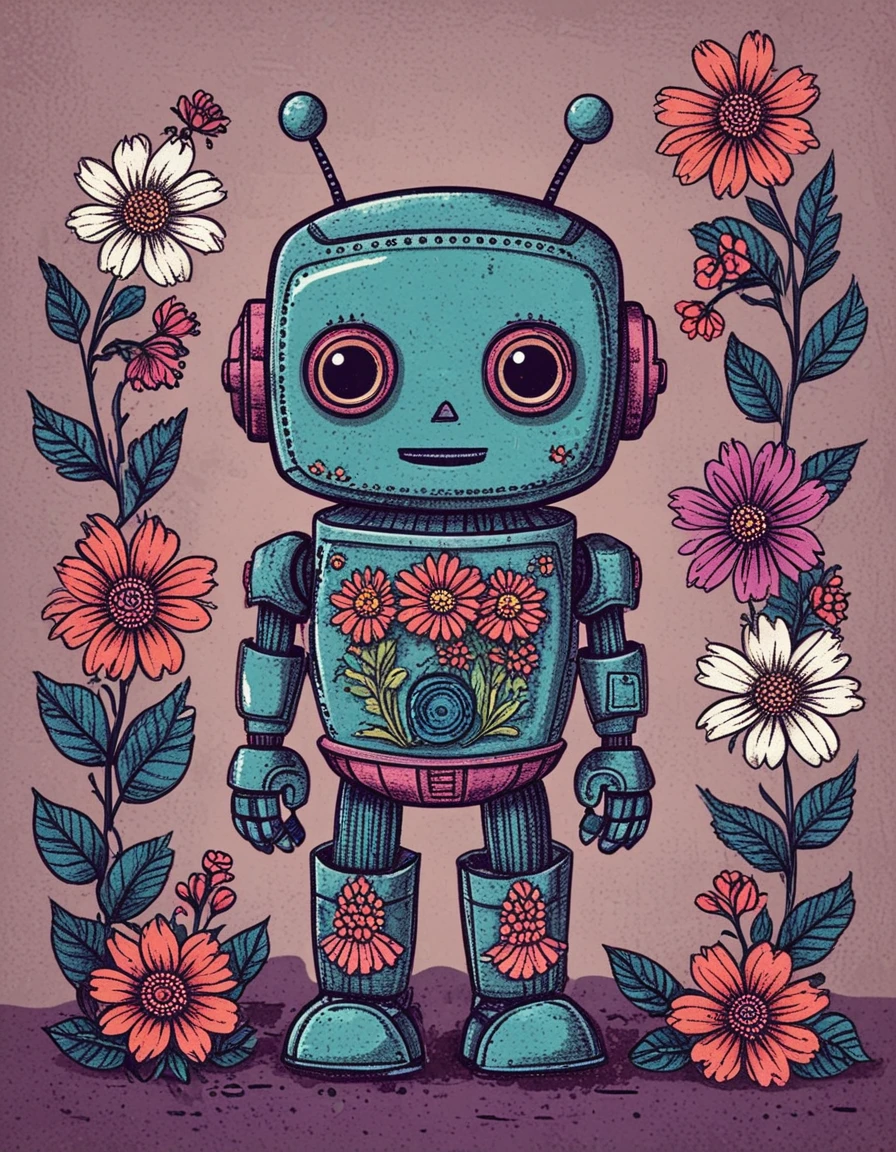 cute robot with flowers illustration <lora:novuschroma02 style:1> novuschroma02 style