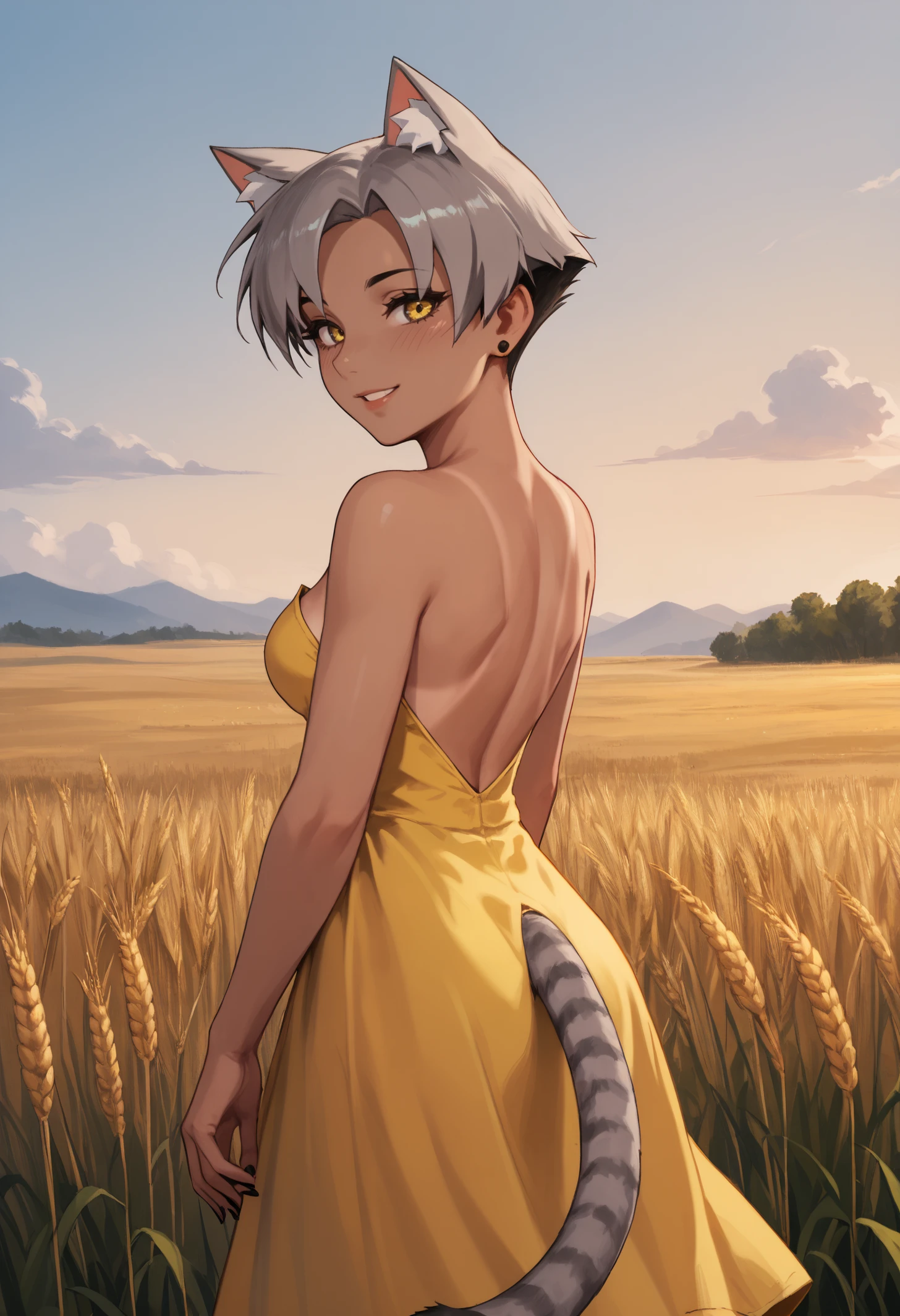 score_9, score_8_up, score_7_up, 1girl, KaraVert, dark-skinned female, animal ears, striped tail, grey tail, yellow eyes, grey hair, short hair, stud earrings, black nails, medium breasts, toned,
yellow sundress, backless dress, strapless, one-piece tanlines,
looking at viewer, smile, blush, parted lips, looking back, back,
outdoors, wheat field, sunset,
<lora:Kara-VertigrisPDXL_V1-Manityro-CAME:1.0>,