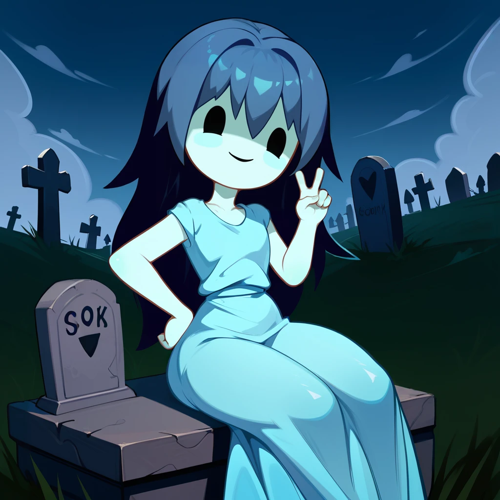 <lora:spooky (6):1>,1girl,ghost girl,spooky (sjm),colored skin,solid oval eyes,transparent,blue dress,
outdoors,graveyard,tombstone,
looking at viewer,smile,hand up,v,hand on own hip,sitting on tombstone,, score_9, score_8_up, score_7_up, perfect anatomy, source_anime, zPDXL2,