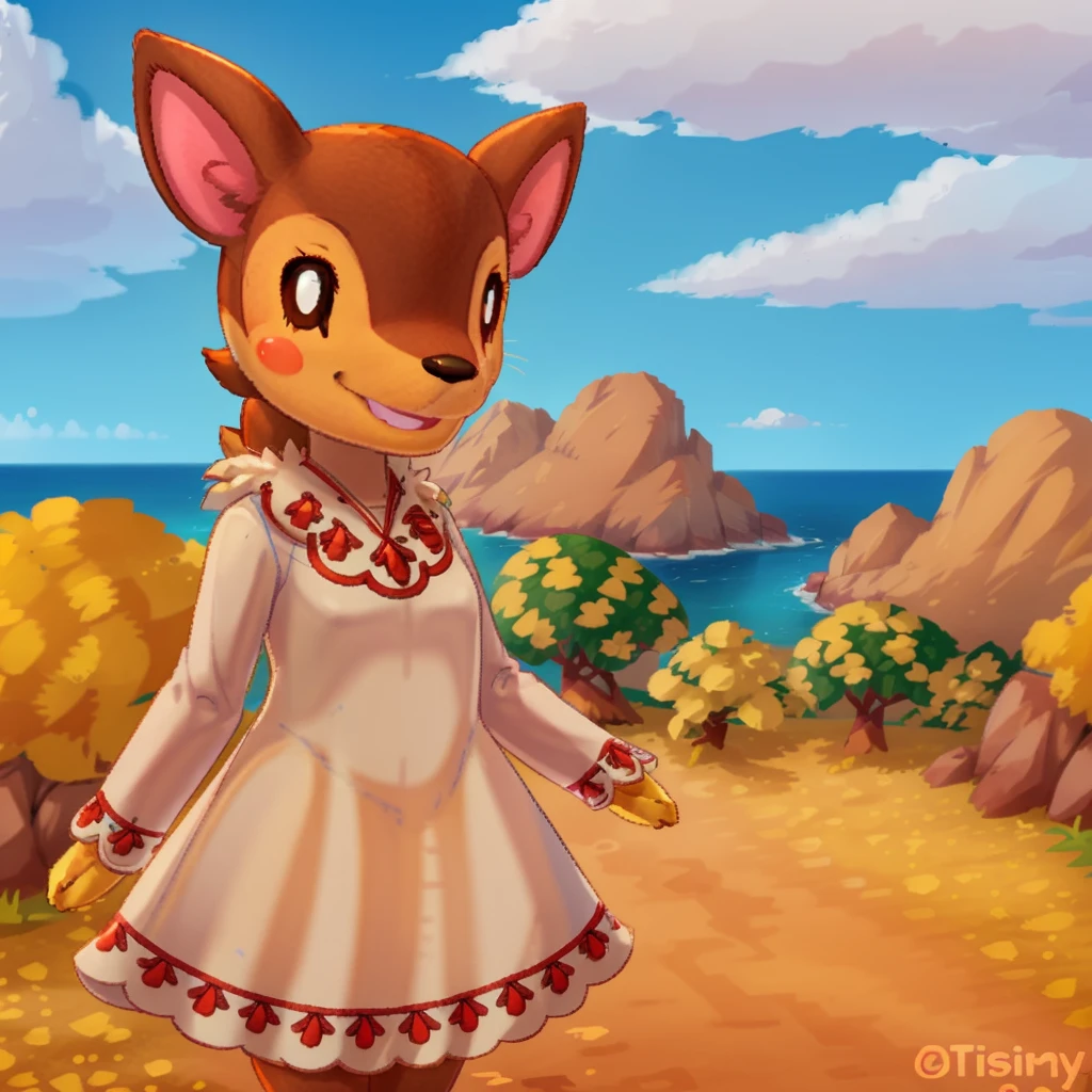 fauna \(animal crossing\), deer, anthro, white dress, brown fur, furry, smile, cowboy shot, pretty, beautiful, island background
