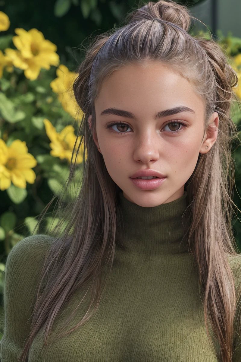 headshot of S479_SolaZola,a gorgeous woman,in a (garden:1.1),wearing a (cowlneck),(hair bun),(4k, RAW photo, best quality, 50mm, depth of field, ultra high res:1.1),(intricate, photorealistic, cinematic-shot, masterpiece, ultra-detailed:1.1),