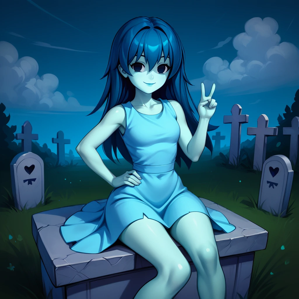 <lora:spooky (6):1>,1girl,ghost girl,spooky (sjm),colored skin,solid oval eyes,transparent,blue dress,
outdoors,graveyard,tombstone,
looking at viewer,smile,hand up,v,hand on own hip,sitting on tombstone,, score_9, score_8_up, score_7_up, perfect anatomy, source_anime, zPDXL2,