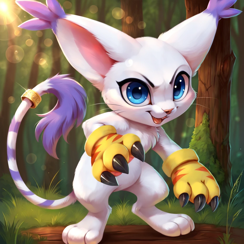 score_9,score_8_up,score_7_up,score_6_up,score_5_up,score_4_up,absurdres,masterpiece,outstanding,gatomon,digimon,feral, a photograph of gatomon standing, in a forest, blue eyes, tail ring, paw gloves, yellow gloves, feral,dof,bokeh