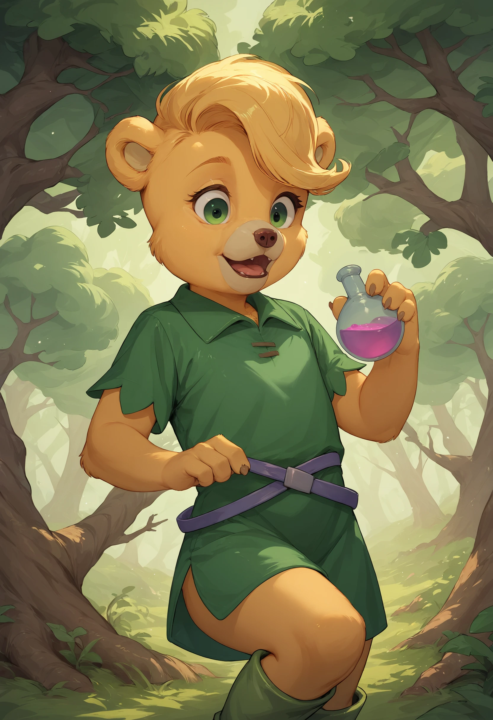 <lora:SunniGummi_PonyXL_v1:0.9>, score_9, score_8_up, score_7_up, rating_questionable, source_cartoon, solo, sunni gummi, young anthro, bear, blonde hair, green eyes, green tunic, green boots, buckled waistband, holding a rounded red potion in one hand, mouth open, standing in front of a giant tree, detailed background