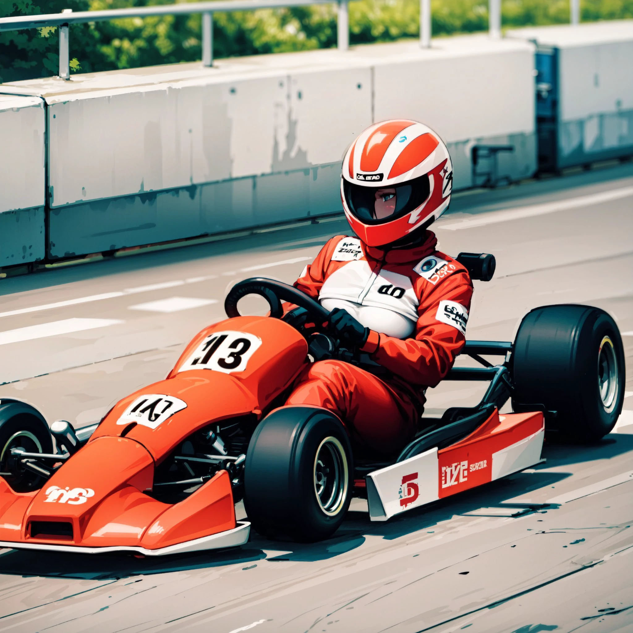 1girl, kart, go-kart, (driving), in a racing circuit, [sitting], full body, helmet, gloves, sneakers, steering wheel, racing suit, 
(large breasts), face covered, , <lora:35884420-bad0-4685-a88f-1f22ef61575e:0.7>