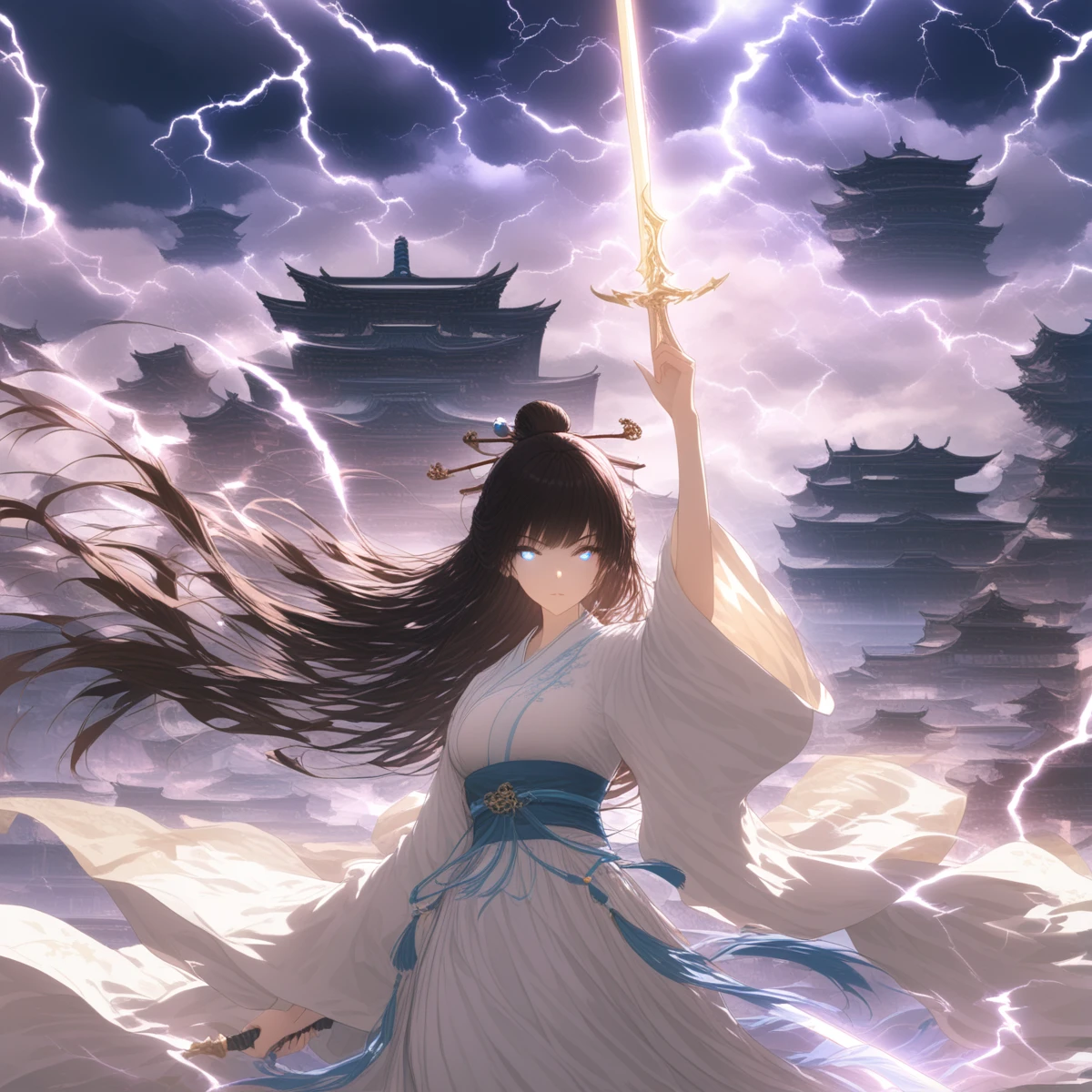 score_9,score_8_up,score_7_up,beautiful,beautiful ultra detailed eyes,detailed face,intricate details,hyper-detailed,pretty,beautiful face,weapon,long hair,sword,solo,holding weapon,gfjiansi,black hair,glowing weapon,holding,1girl,sky,architecture,holding sword,arm up,east asian architecture,standing,sash,chinese clothes,glowing sword,long sleeves,outdoors,night,building,cloud,lightning,hair bun,white dress,floating hair,glowing,wide sleeves,electricity,dress,blue theme,closed mouth,blue eyes,hanfu,bangs,<lora:gfjiansi:1>,