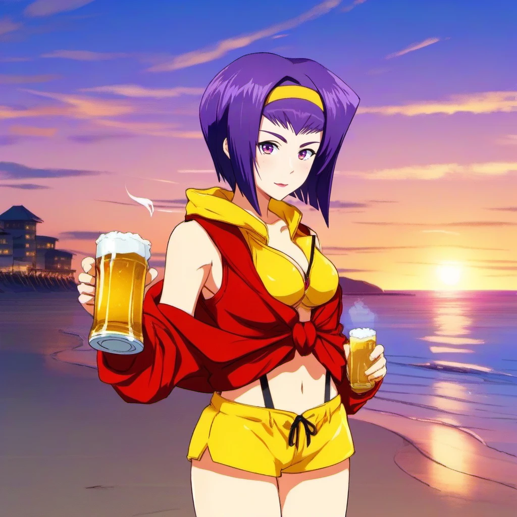 anime artwork full body portrait of 1girl, yellow hairband, hoodie, makeup, purplehair, short hair, yellow shorts, breast, cleavage, having a beer on the beach, sunset  <lora:Faye1024v2:0.8> . anime style, key visual, vibrant, studio anime,  highly detailed