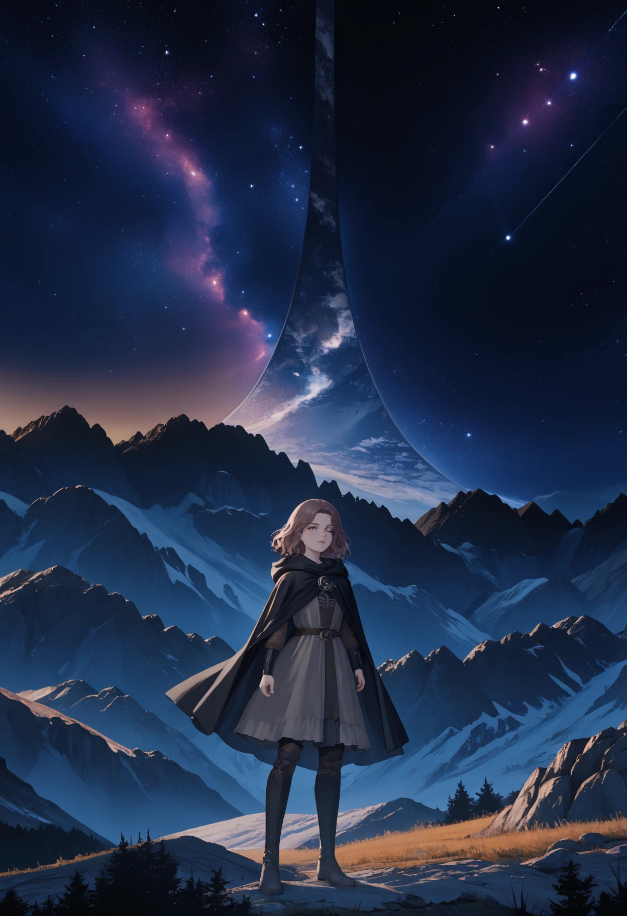 score_9, score_8_up, score_7_up, source_anime BREAK <lora:haloring-halo-richy-v1_pdxl:1> hlrng, horizon, starry sky, mountainous horizon, scenery, dark, darkness, night, night sky, starry sky, star \(sky\), nebula, galaxy,
<lora:Melina_pdxl_Incrs_v2:1> IncrsMelina, scar across eye, facial tattoo, one eye closed, yellow eyes, brown hair, medium hair, black cloak, hooded cloak, hood down, grey dress, long sleeves, cape, thigh boots