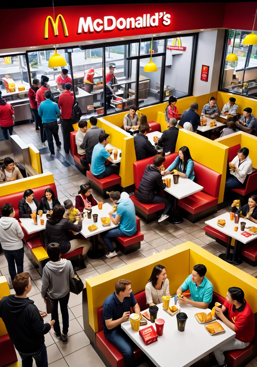 a group of people inside a McDonald's restaurant, <lora:wisosdxl:0.8>, wisosdxl, best quality, masterpiece, isometric scene, photorealistic,