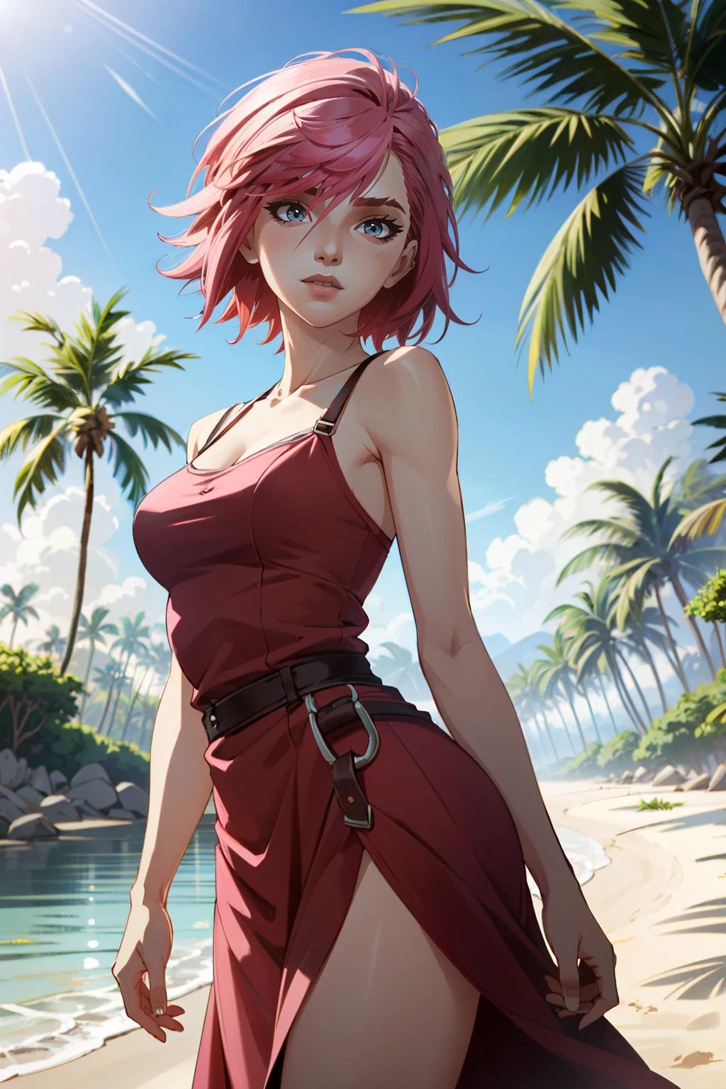 ((ultra detailed, masterpiece, absurdres))
<lora:ALVi:0.8>
ALVi, 1girl, pink hair, short hair, looking at viewer, on a tropical island, sundress, palm trees