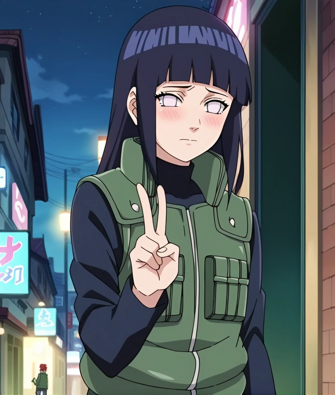 1girl,blush,solo,Hinata Hyuga,long hair,blunt bangs,dark blue hair,light eyes,green jonin vest,turtle neck,garter ring,v,hand up,night city,medium shot,Anime_screencap,fake_screenshot,score_9,score_8_up, score_7_up, score_6_up, score_5_up,score_4_up,source_anime,fine anime screencap,style parody,official style,anime coloring<lora:EMS-347777-EMS:1.000000>, <lora:EMS-429369-EMS:0.800000>