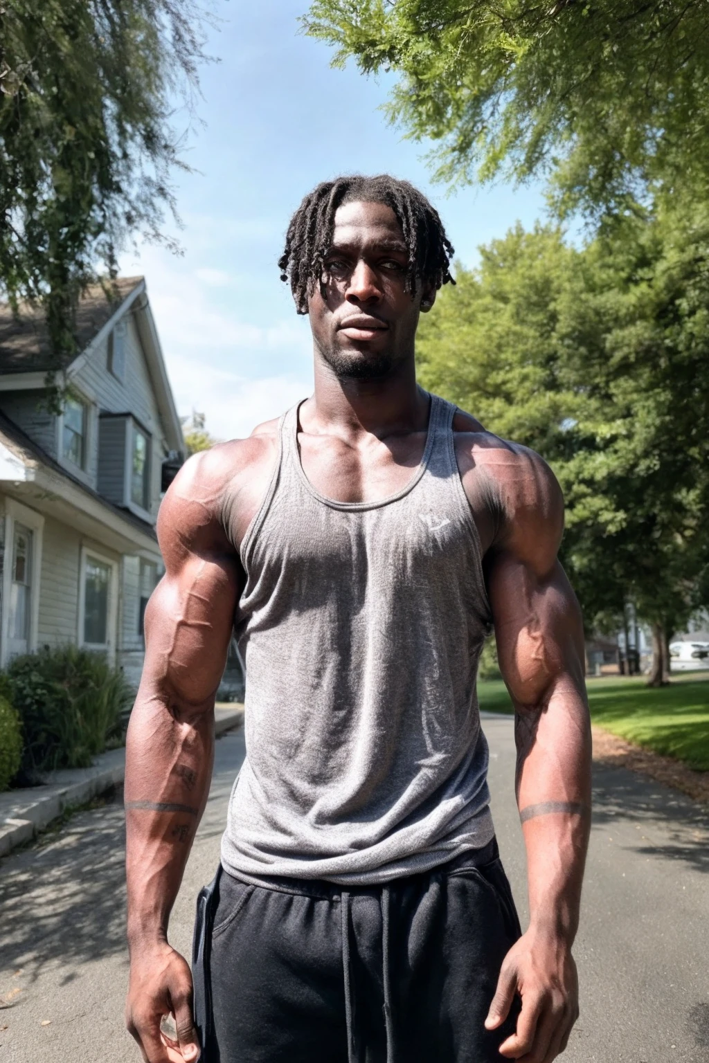 <lora:K1ngabdul:1> (K1ngabdul), african male, muscle, fitness, dark skin, black, fit, 1boy, facial hair, male focus, dark skin, solo, realistic, dark-skinned male, beard, photo background, road, tree, very dark skin, outdoors, tank top, day, black hair, street, smile, muscular, house, sky, RAW, hyper detailed photorealistic, life-like, accurate, proportional, sharp focus, (accurate cinematic lighting), photorealistic detail, (selective focus:0.6)  <lora:lora_perfecteyes_v1_from_v1_160:0.8> photo of perfect eyes <lora:more_details:0.8>