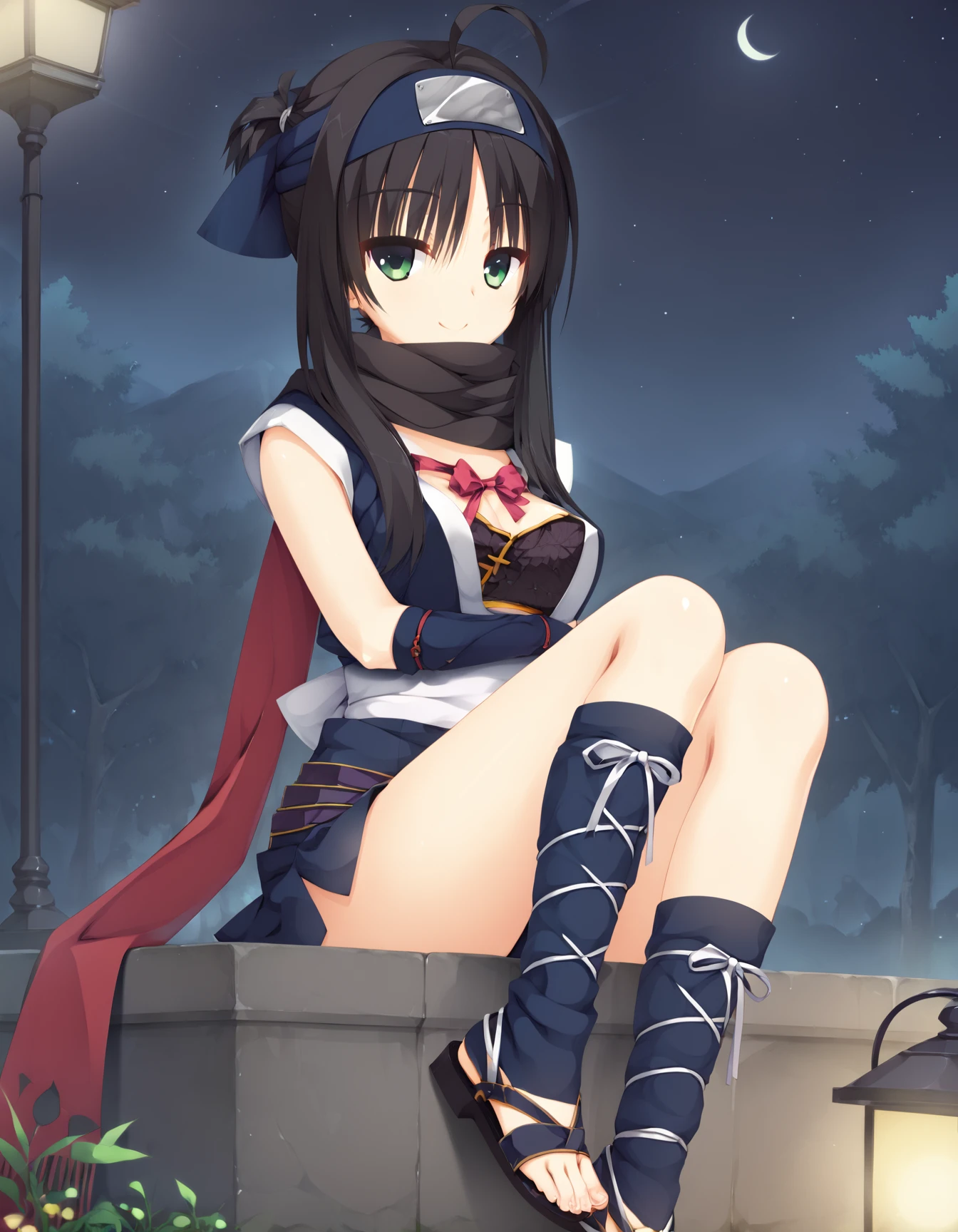 (score_9,score_8_up,score_7_up),source_anime,best quality,masterpiece,
1girl,solo,
night,outdoors,smile,looking at viewer,sitting,knees together,
hitachi_mako,yuzu-soft,black_hair,medium_hair,green_eyes,ahoge,medium_breasts,
hitachi_mako_ninja_clothing,ninja_clothing,sidelocks,short_hair_with_long_locks,forehead_protector,black_scarf,red_scarf,two-tone_scarf,japanese_clothes,ninja,sleeveless,red_bow,purple_sash,gloves,blue_gloves,elbow_gloves,fingerless_gloves,short_kimono,leg warmers,cross-laced_legwear,sandals,toeless_footwear,