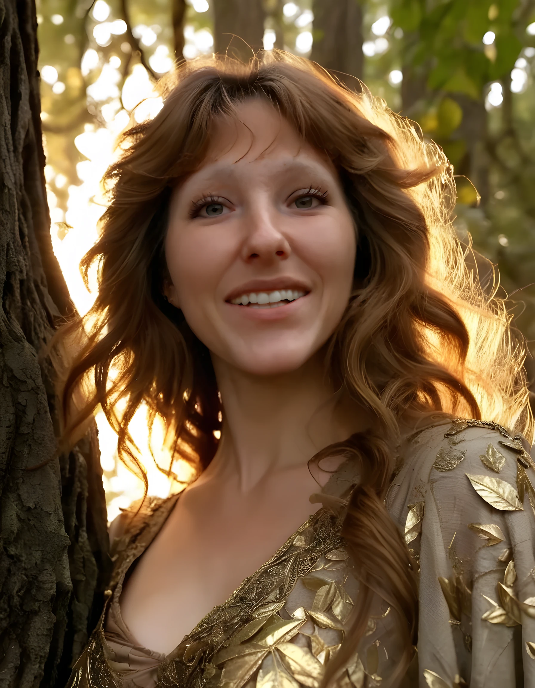 In a dimly lit, ethereal forest clearing bathed in the soft, golden glow of a setting sun, a woman named M364NJ with cascading brown hair and striking brown eyes gazes intently at the viewer with a warm, closed-mouth smile, her lips slightly parted in anticipation. Dressed in an exquisite, otherworldly outfit adorned with shimmering leaves and twinkling stars, she stands against the backdrop of ancient, gnarled trees, her delicate features highlighted by the dappled sunlight filtering through the canopy above, evoking a sense of enchantment and wonder. The camera is positioned at eye level, capturing her in a close-up portrait that emphasizes the intricate detail of her unique attire and the depth of emotion in her eyes, as if inviting the viewer into a secret world of mystery and magic.