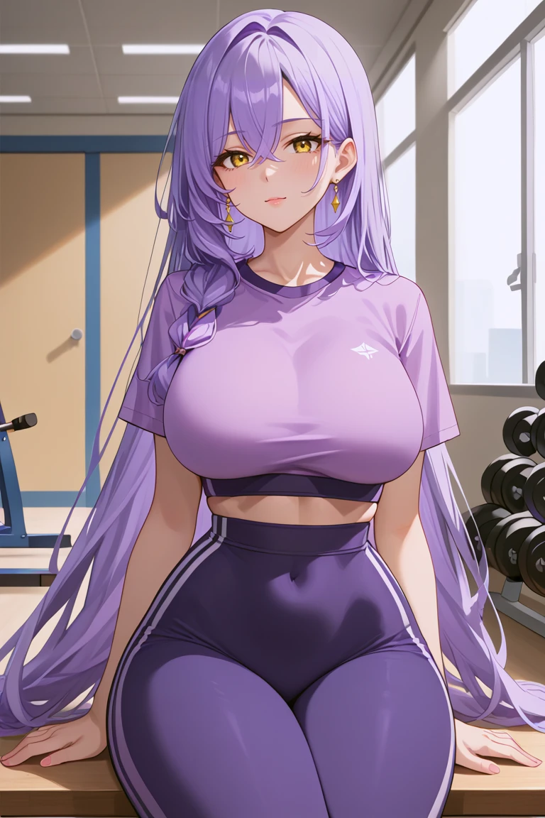 masterpiece,high quality,anime_source,score_9, score_8, best quality, high definition, highres, SwanBren, 1girl, long hair, yellow eyes, purple hair,large thighs, tall, narrow waist, thicc_thigs, mature female, sitting, looking_at_viewer, ((gym clothes)), (black leggins), purple crop top<lora:EMS-384508-EMS:0.500000>, <lora:EMS-428654-EMS:0.700000>