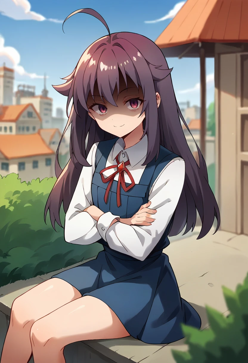 score_9, score_8_up, score_7_up, source_anime, masterpiece, 1girl, ct_ank0, pinafore dress, collared shirt, red ribbon, long sleeves, legs, sitting, crossed arms, shaded face, shiny skin, smile, closed mouth, looking at viewer, outdoors, depth of field, city,  <lora:Anko_Koshi_Pony_ct:0.9>