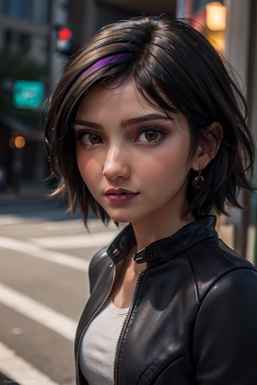 A stunning and intricate full color portrait in Ultra-HD, girl, short multicolored hair, brown eyes, detailed face, dressed in a short black jacket, raised sleeves, jewelry, epic character composition, alessio albi. nina masic, sharp focus, natural lighting, subsurface dispersion, f2, 35mm<lora:EMS-383051-EMS:1.000000>