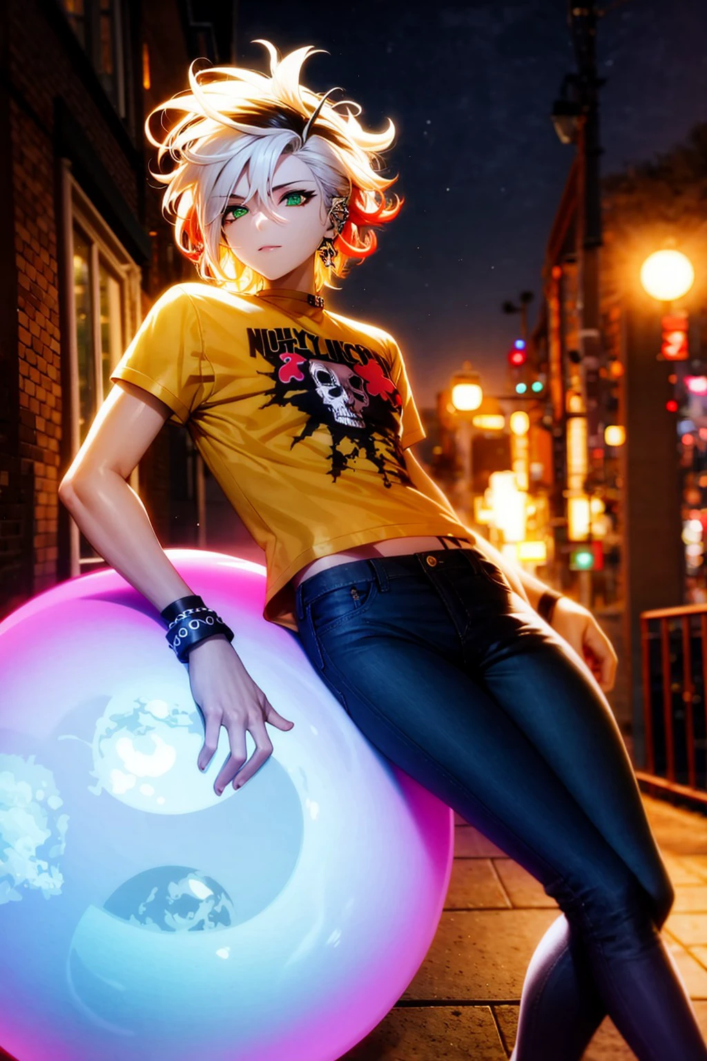 (masterpiece, best illustration, extreme light and shadow), 1boy, solo, (male focus:.7), transgender male, red hair, white hair, green eyes, two tone hair, long hair, wearing a yellow and green x-men shirt, 90s aesthetic, curly hair, denim jeans, goth eye liner, wristband, emo punk style, (punk:1.5), jewelry, depth of field, tattoos, minneapolis, (night sky:1.2), wind swept hair, (seductive), (sitting on the sidewalk:.6), shy, (sidelighting), (volumetric lighting)