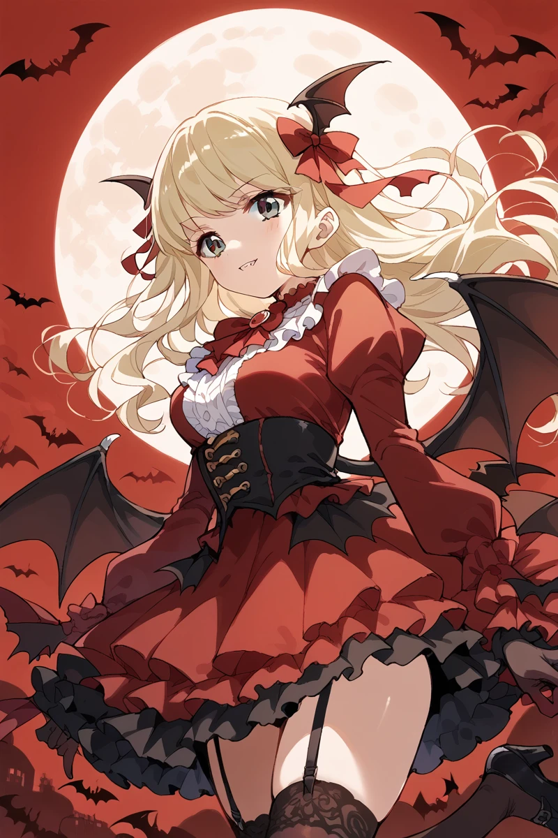 score_9, score_8_up, score_7_up, score_6_up, 1girl,
 <lora:Shiori_Yumeoji:0.9> shiori, blonde hair, red moon, solo, thighhighs, bat (animal), wings, red sky, long hair, garter straps, gloves, frills, moon, dress, bat wings, vampire,