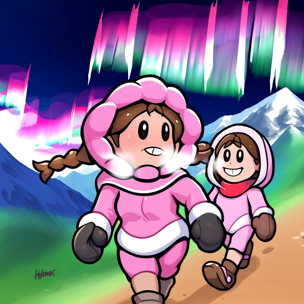 icnana, teeth, mallet, mountain, tomboy, jewelry, aurora, happy, red scarf, pink leotard, hood down, walking, hairband, frown, twin braids, sweater, makeup, cold, brown mittens, brown footwear, pink footwear, black gloves, breath, ribbon