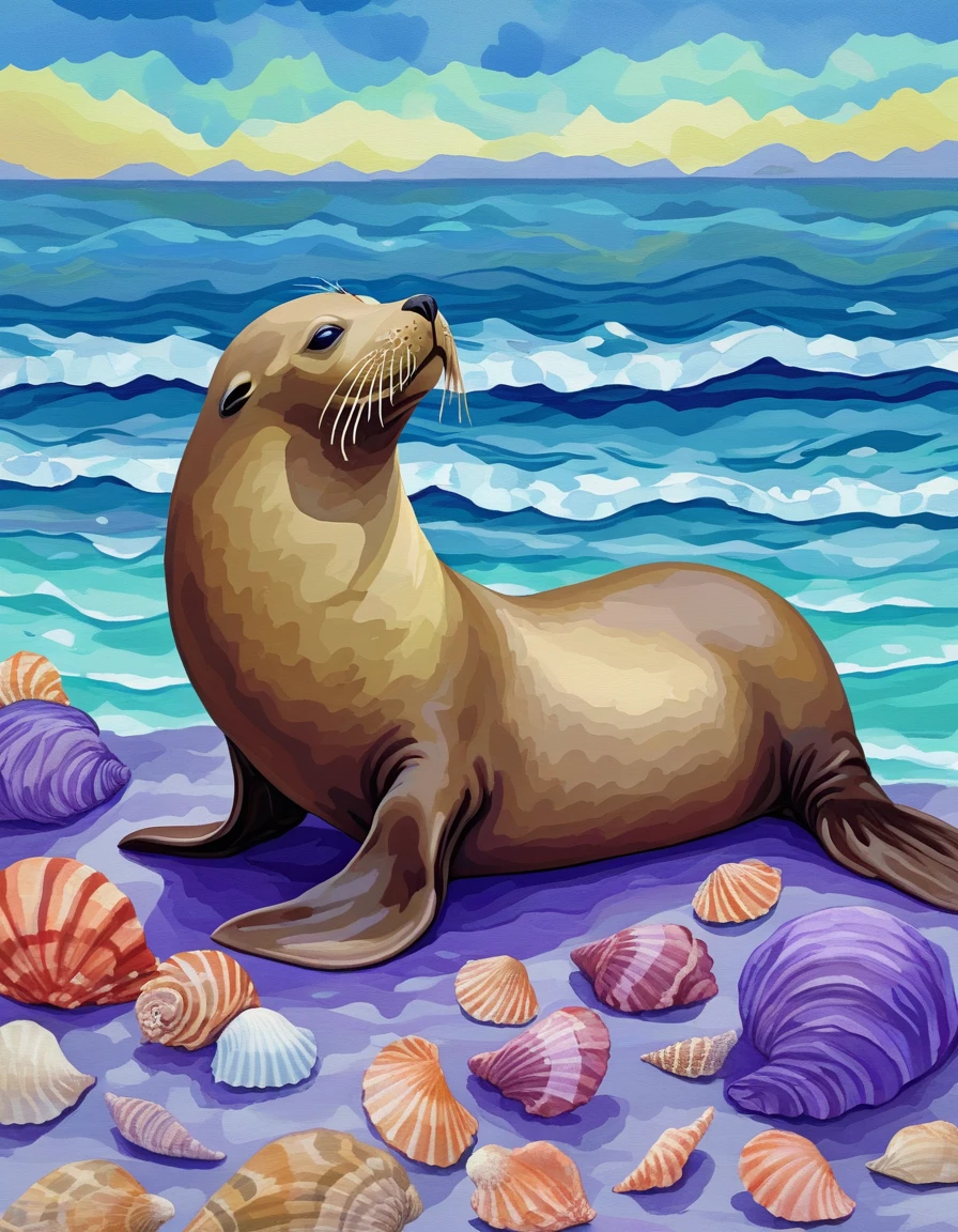 sea lion by the shore with seashells <lora:novuschroma50 style_4:.7> novuschroma50 style