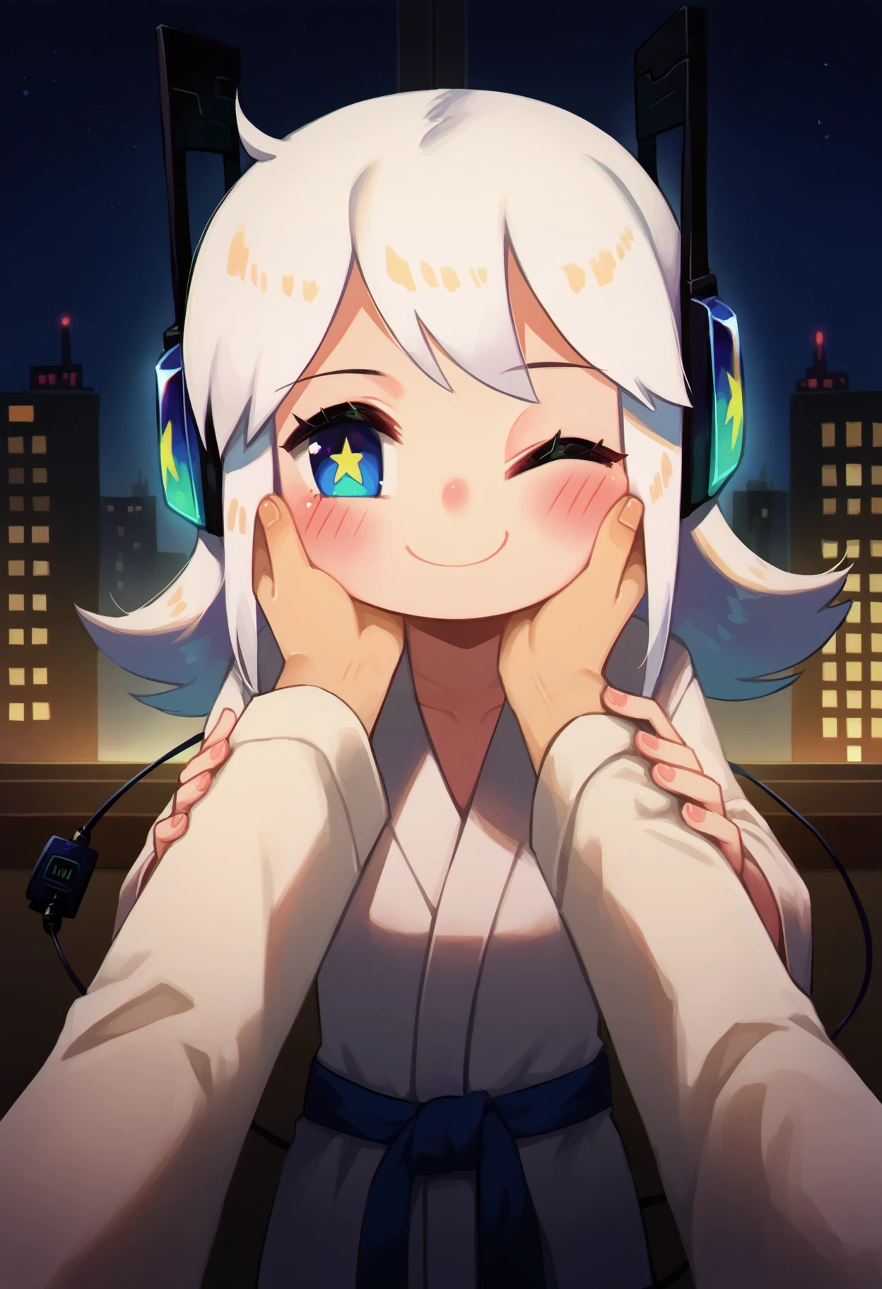 score_9, source_anime
BREAK
digitan \(porforever\), 1girl, ;), bathrobe, blue eyes, blush, cable, city lights, cityscape, electric plug, flipped hair, hand on another's cheek, hand on another's face, headphones, indoors, long hair, long sleeves, looking at viewer, night, one eye closed, pov, robe, smile, solo focus, star-shaped pupils, star \(symbol\), symbol-shaped pupils, tail, tail wrap, white robe, window
<lora:porforever_pony_v1_no-tenc:1>