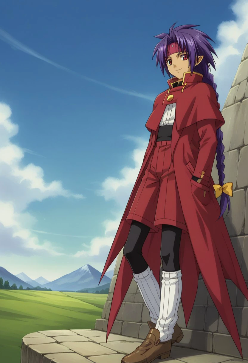 score_9, score_8_up, score_7_up, source_anime, highly detailed, 

chrono, solo, braid, 1boy, long hair, male focus, red eyes, full body, headband, purple hair, bow, coat, smile, single braid, capelet, pointy ears, shirt, white shirt,
tailcoat, red tailcoat, red capelet, dark skin, dark-skinned male, tights, black tights, socks, white socks, brown shoes, shorts, red shorts, bow, yellow bow,

outdoor, looking at viewer, sky, stand