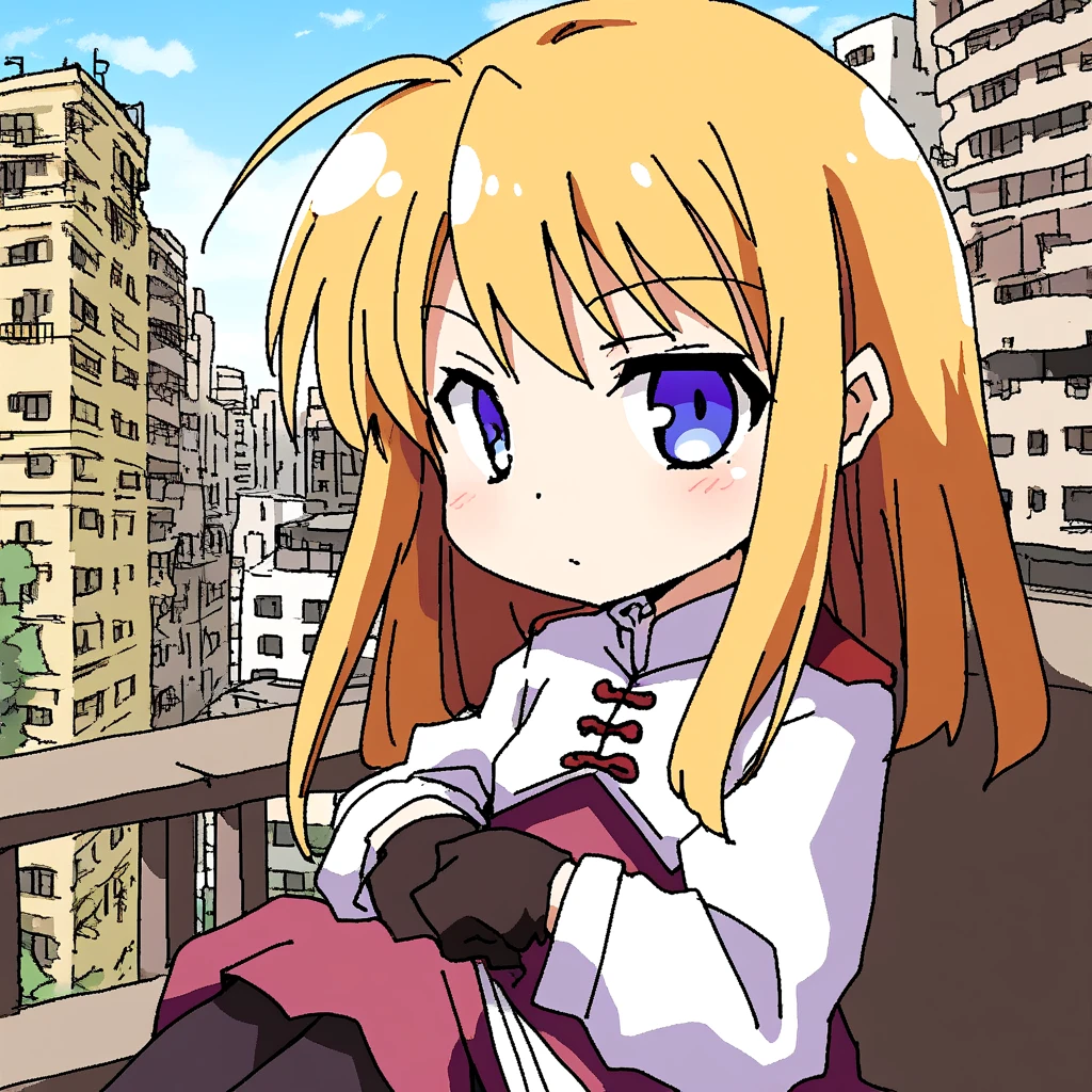 <lora:comic_SDXL_v1:0.5>, (anime coloring:0.8), girl, solo, portrait, manga_art, iniphizi, long sleeves, sitting, oekaki, gloves, city, blonde hair, chibi