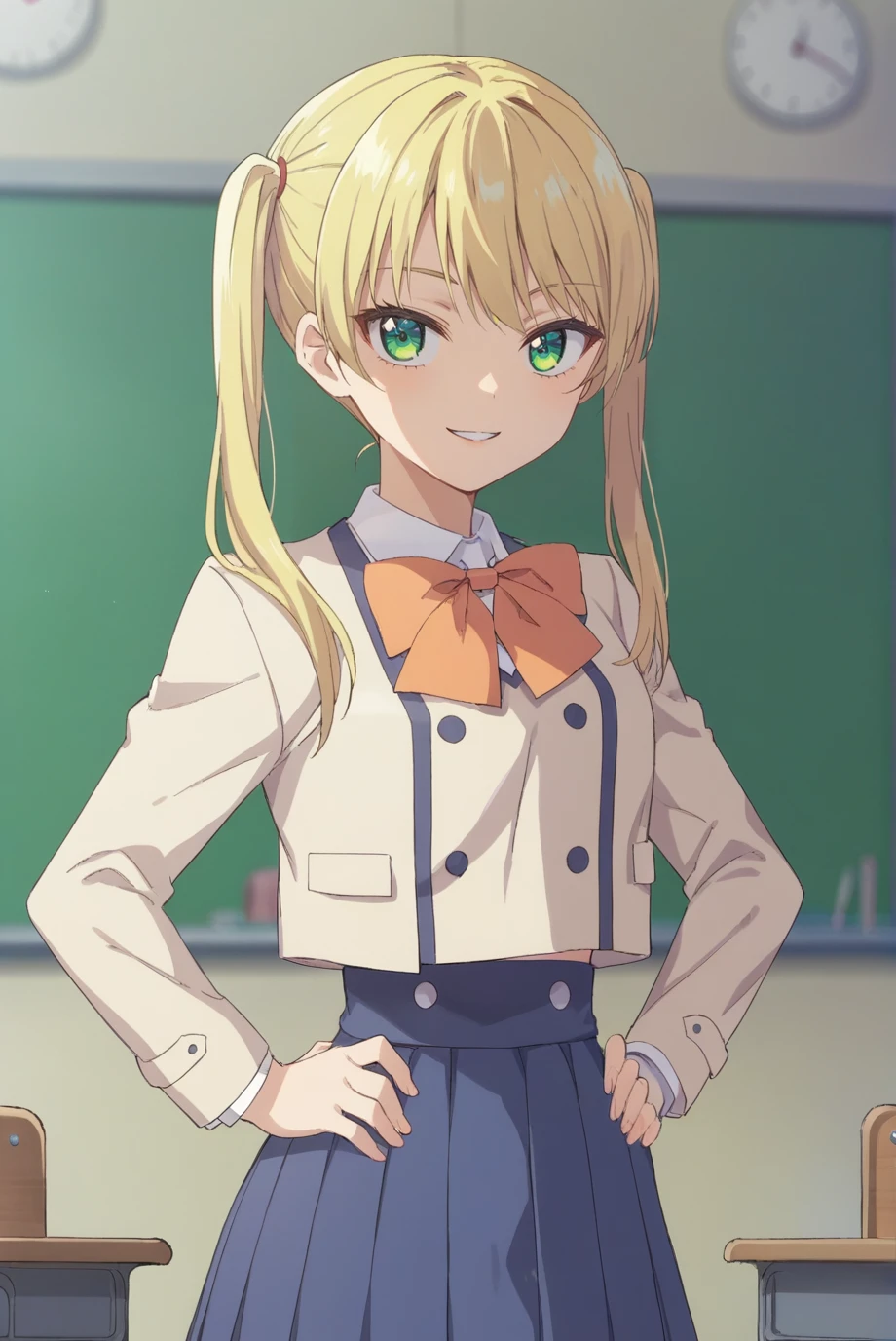 score_9, score_8_up, score_7_up, score_6_up, score_5_up, score_4_up, BREAK source_anime, 1girl, solo,
<lora:MirikiXL-v1-07:0.7>, ChopioMiriki, blonde hair, green eyes, looking at viewer,
long hair, twintails,
outfit_1, beige jacket, closed jacket, collared shirt, bowtie, cropped jacket, double-breasted, long sleeves, blue skirt, pleated skirt,
school, classroom, standing, smile, hands on own hips, parted lips,