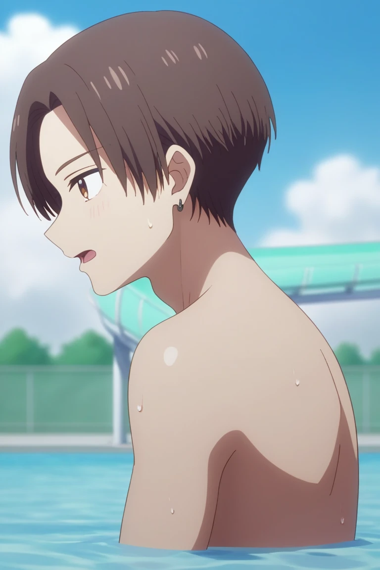kyoutarou_ichikawa,blue eyes,hair over one eye,brown hair, penis、barechested、I'm surprised、cowboy shot、Thrusting your hips back、(sideways Facing)(Looking down)Large swimming pool、(sitting on the edge of the pool)、Only my feet are in the water、shoun、male child