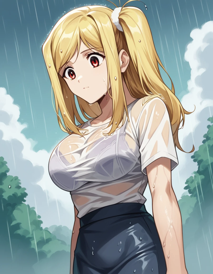 score_9, score_8_up, score_7_up, source_anime, <lora:chika-hayakawa-ova-ponyxl-lora-nochekaiser:1>, chika hayakawa, side ponytail, long hair, blonde hair, large breasts, red eyes, sidelocks,, <lora:bra-visible-through-clothes-ponyxl-lora-nochekaiser:1>, bra visible through clothes, wet shirt, wet clothes, see-through, see-through shirt, bra, bralines, wet, white shirt, bra peek, wet skirt,, outdoors, rain, cloudy, , cowboy shot, dutch angle