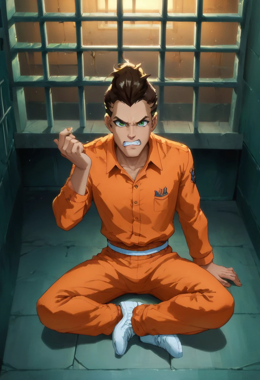 zPDXL2, score_9, score_8_up, score_7_up, tad_ts!, 1boy, green eyes, brown hair, slicked back hair, orange prison clothes, collared shirt, long sleeves, jail, prison, imprisoned, prison bars in the foreground, angry expression, clenched teeth, sitting, look at viewer