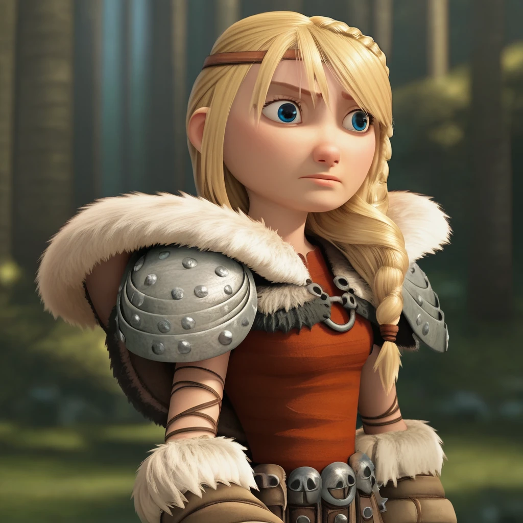 score_8_up, BREAK, ASTRIDHOFFERSON, 1girl, solo, blonde hair, braid, Long hair, blue eyes, fur trim, shoulder armor, armor, pauldron, cowboy shot, depth of field,  <lora:AstridHofferson_HTTYD2_PXL_Leaf1:1>, forest,