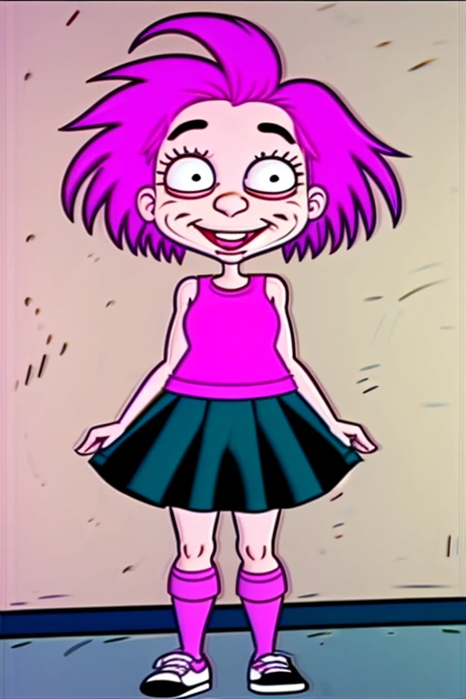 <lora:Rugrats_90s_Style:0.85> rugrats_style, 1girl, skirt, pink hair, black_eyes, sleeveless shirt, happy, <lora:l_32:-0.45>,<lora:lcm_sd15_mini_6mb:1.0>