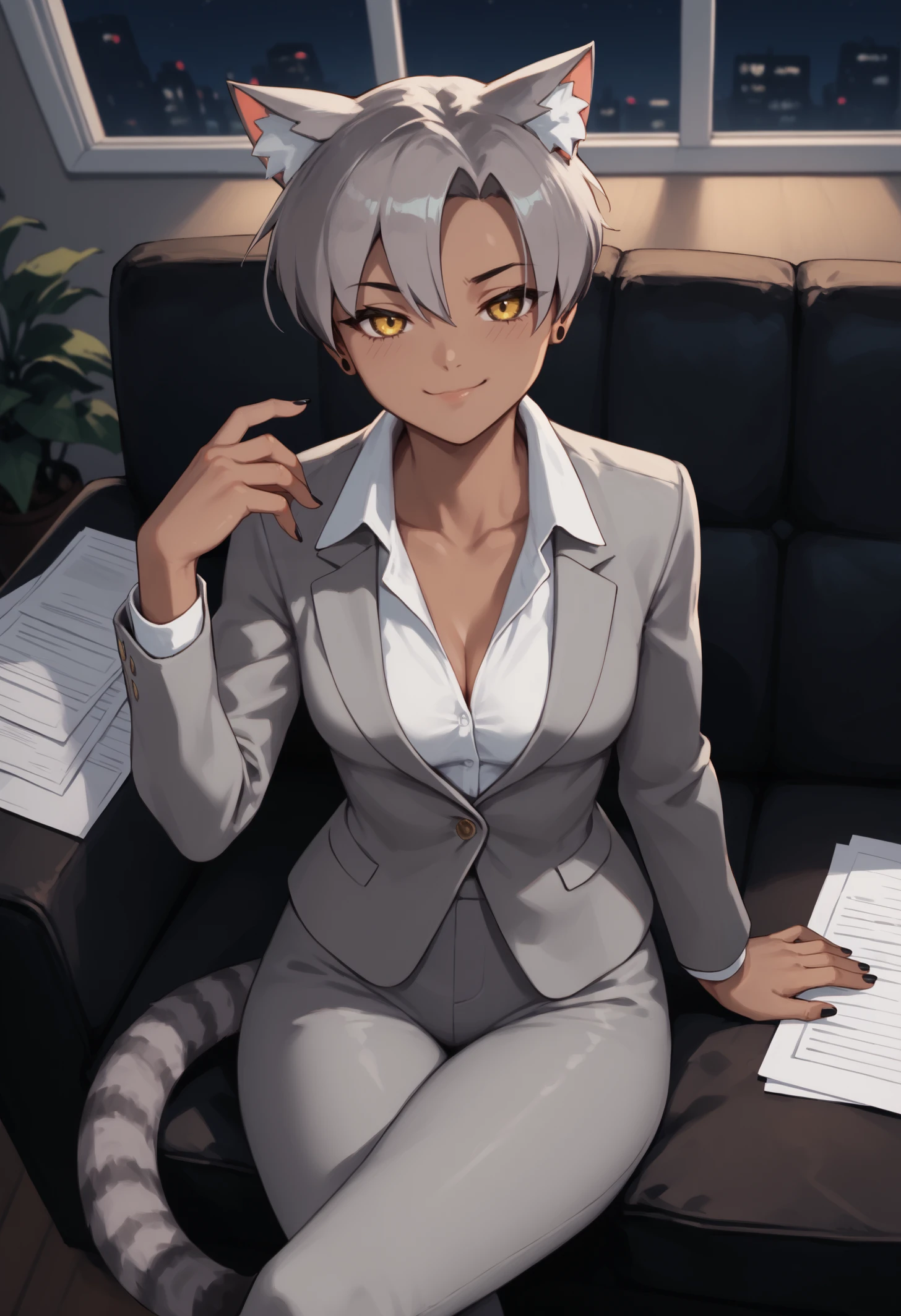 score_9, score_8_up, score_7_up, 1girl, KaraVert, dark-skinned female, animal ears, striped tail, yellow eyes, grey hair, short hair, stud earrings, black nails, medium breasts, toned,
grey blazer, white shirt, collared shirt, cleavage, collarbone, grey pants, 
looking at viewer, smile, smug, closed mouth, hand up, crossed legs, from above,
indoors, office, dark, night, dark environment, leather sofa,
<lora:Kara-VertigrisPDXL_V1-Manityro-CAME:1.0>,