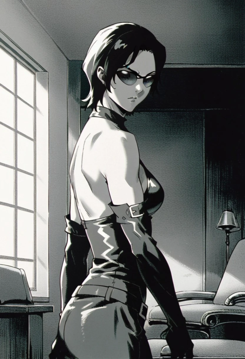 score_9, score_8_up, score_7_up, adsam, 1girl, standing, looking at viewer, monochrome, sunglasses, short_hair, elbow_gloves, indoors, bare shoulders, tr1nity