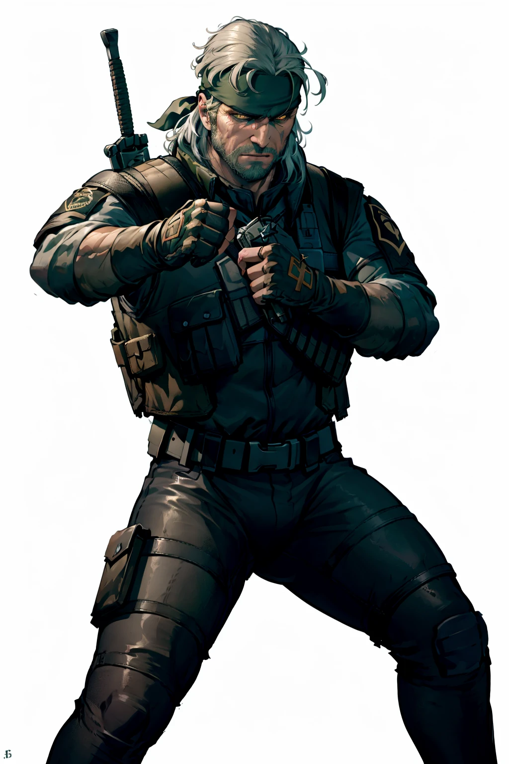 an accurate and detailed full body shot of an adult male character named The Basilisk, muscular and athletic build, Rugged, scarred face, strong jawline, stuble beard, Medium length unkempt hair, Silver hair color, (headband:1.4), glowing green eyes, leather jacket with lightweight metal plates, (tactical vest with basilisk emblem:1.4), long sleeves, Fingerless gloves, Utility belt with pouches and holsters, Combat pants, reinforced knee pads, Heavy-duty combat boots, (holding combat knife:1.2), masterpiece, high quality, 4K, Big Boss, the punisher<lora:EMS-22877-EMS:0.600000>, <lora:EMS-287113-EMS:0.500000>, <lora:EMS-400153-EMS:0.400000>